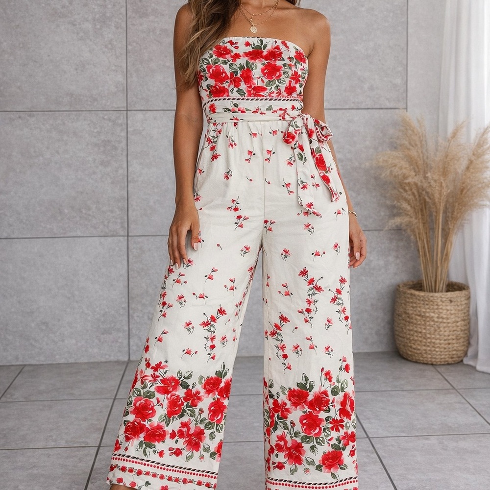 Floral Strapless Jumpsuit - Red and White